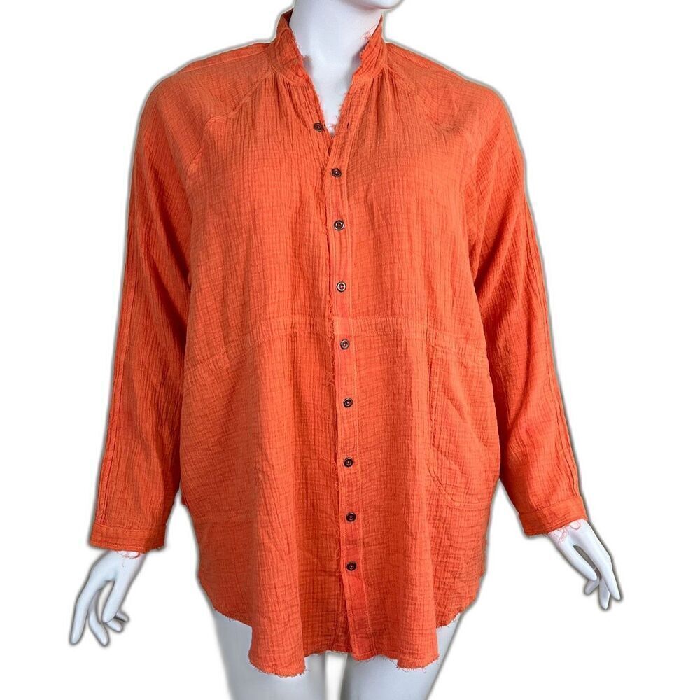 Free People Women's Size XL Orange Summer Daydream Button Down Top Gauze Boho